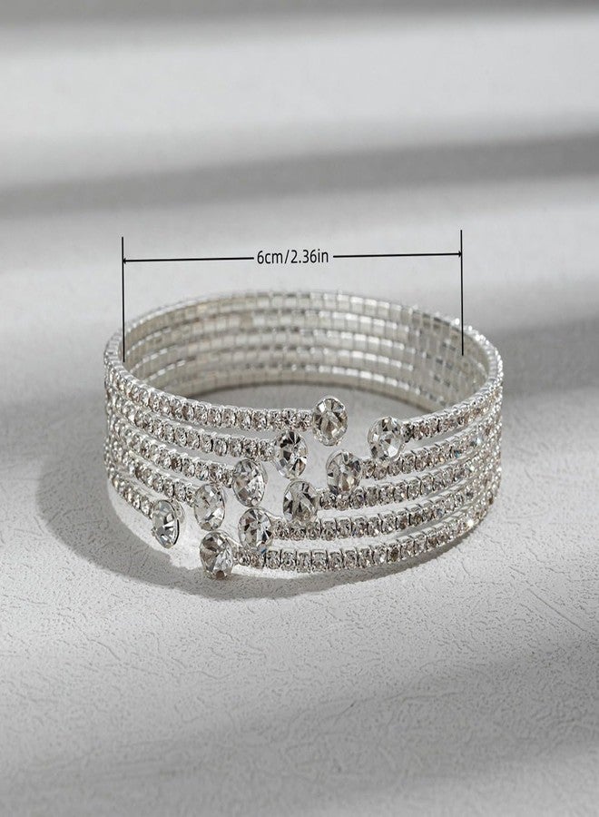 IS4U Multilayer Rhinestone Bridal Bracelet Adjustable Water Diamond Elastic Cuff Bracelet Chunky Silver Bracelet Sparkling Crystal Bangle for Women (Silver2) - Image 5